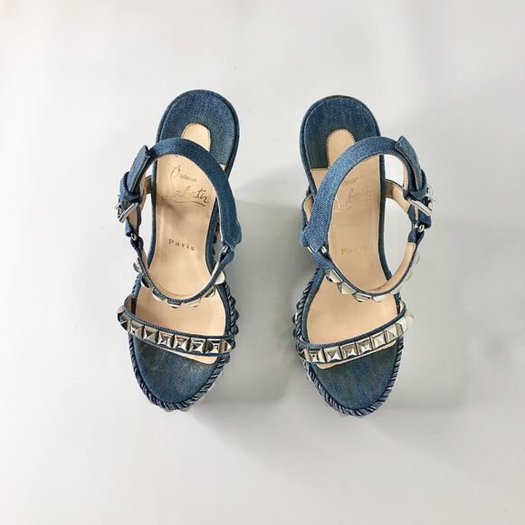 Christian Louboutin Cataclou 140 Jeans Silvers Studded Wedge Platform Sandals 37 - Picture 3 of 13